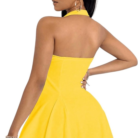 S Women Summer Vacation Halterneck Dress Waist-Hugging Ruffled Midi Skirt Yellow - Picture 2 of 16